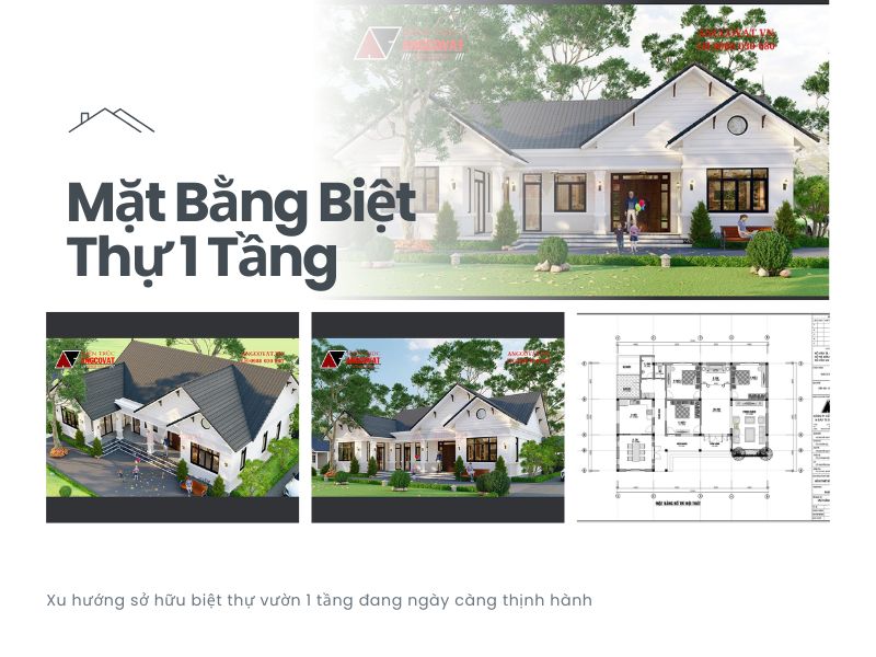 Phối cảnh và mặt bằng biệt thự 1 tầng hiện đại