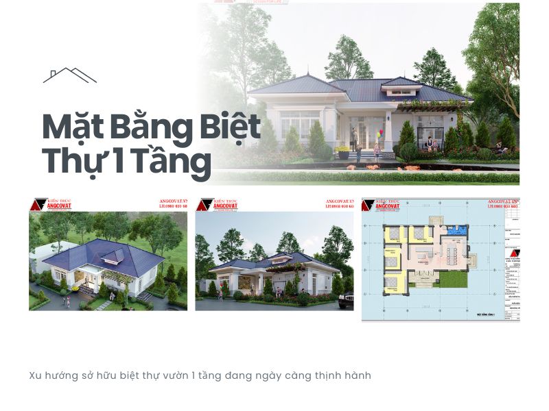 Phối cảnh và mặt bằng biệt thự 1 tầng 150m2 4 ngủ