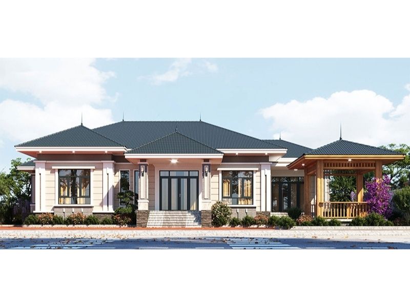 Kiến trúc nhà 1 tầng có sân vườn rộng bao quanh