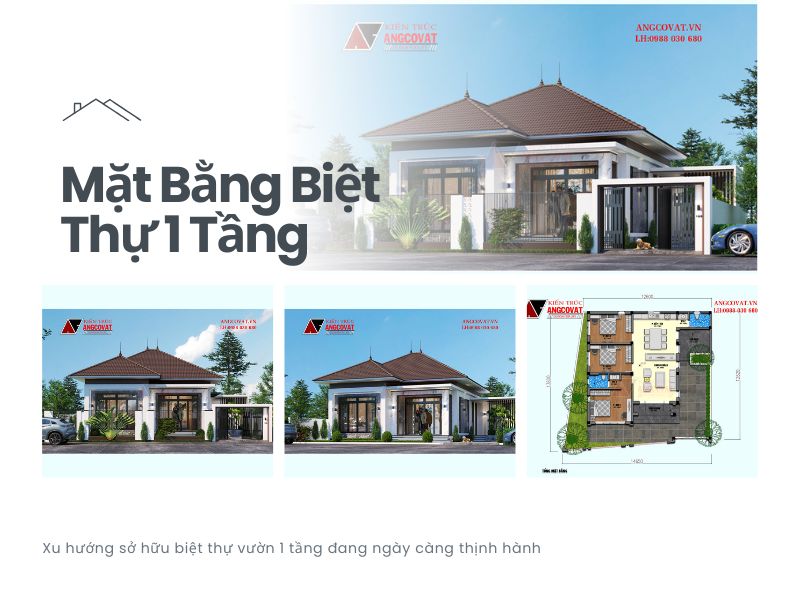 Phối cảnh và mặt bằng biệt thự 1 tầng 3 ngủ 100m2