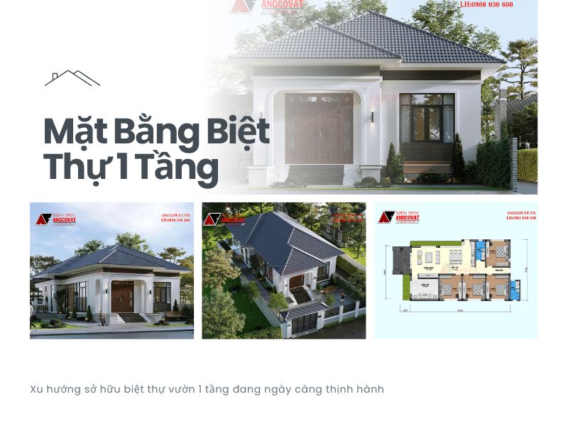 Phối cảnh và mặt bằng biệt thự 1 tầng 9x16m
