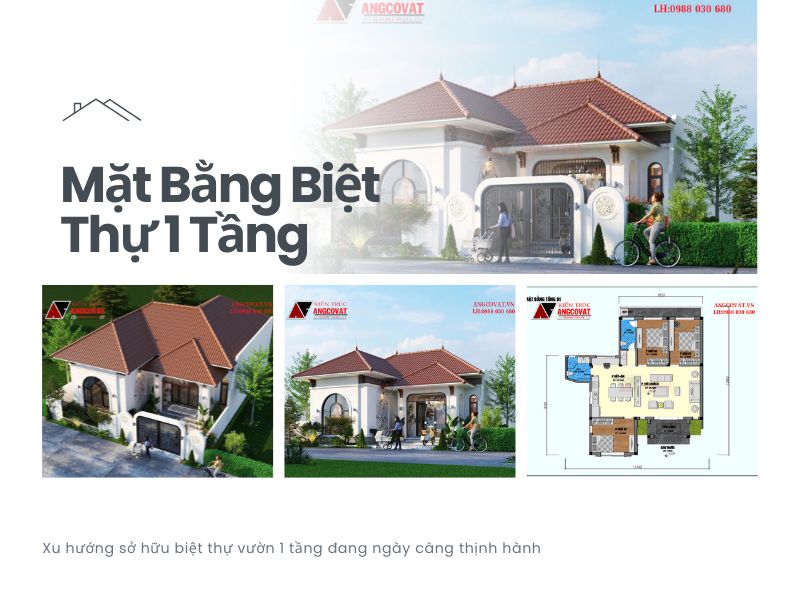 Phối cảnh và mặt bằng biệt thự 1 tầng 3 ngủ 120m2