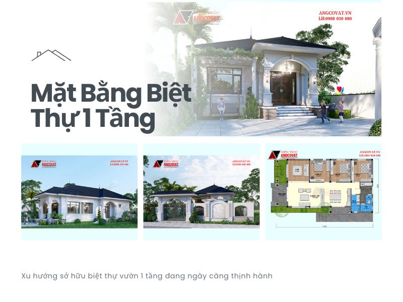 Phối cảnh và mặt bằng biệt thự 1 tầng 150m2
