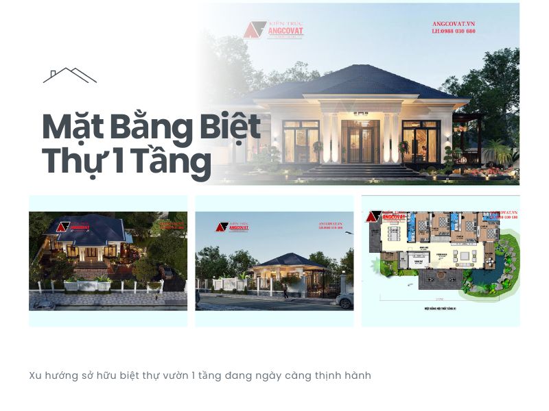 Phối cảnh và mặt bằng biệt thự 1 tầng 220m2 đẳng cấp