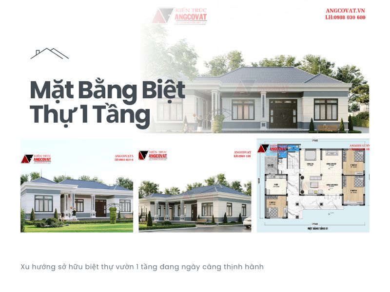 Phối cảnh và mặt bằng biệt thự 1 tầng 180m2 3 ngủ