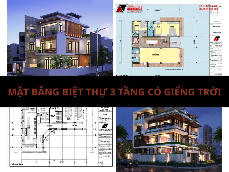 mặt bằng biệt thự 3 tầng có giếng trời