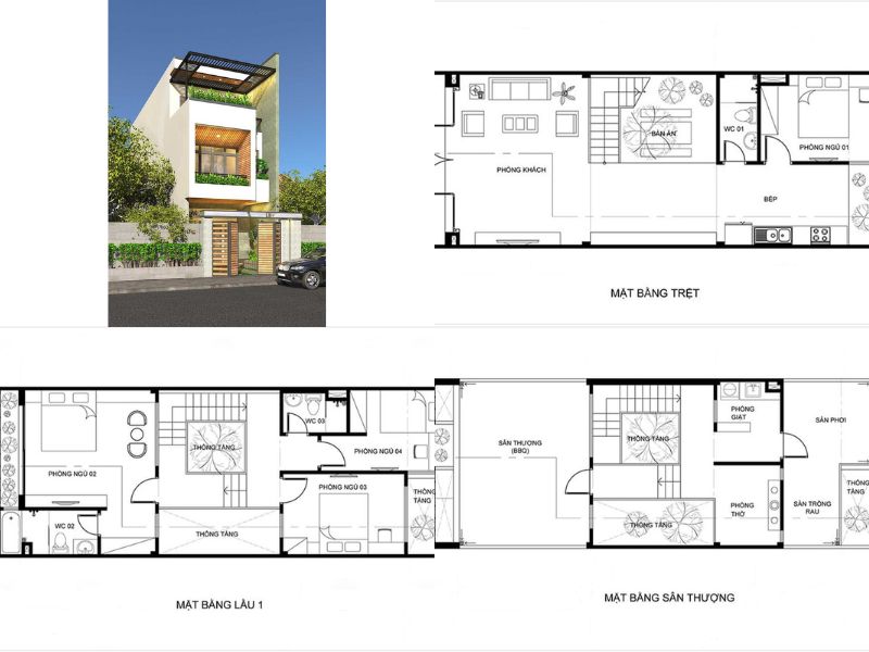 Nhà biệt thự 3 tầng 100m2 có giếng trời