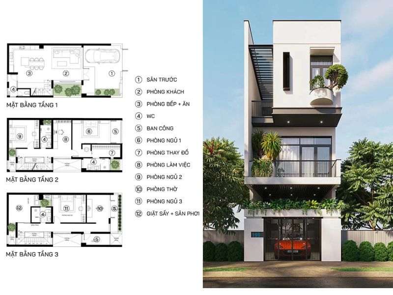 Công trình biệt thự 3 tầng hiện đại có giếng trời