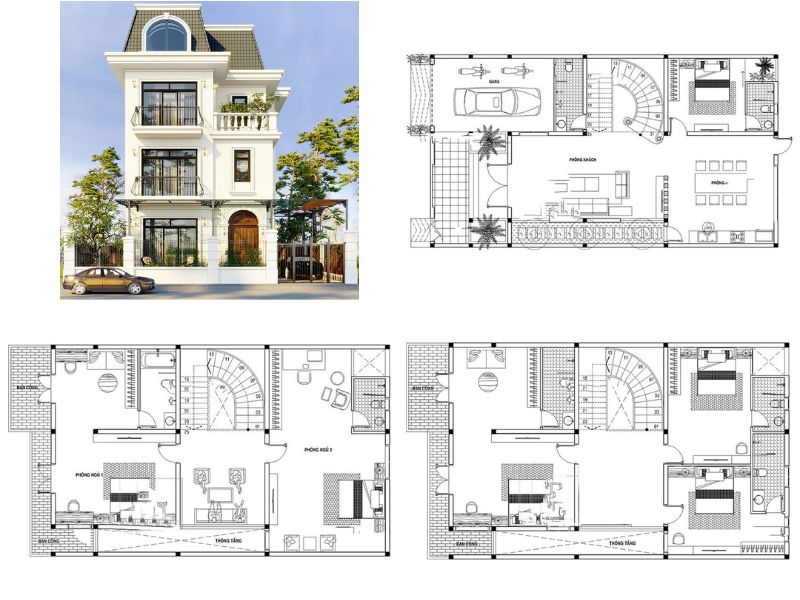 Mặt bằng biệt thự 3 tầng có giếng trời phong cách tân cổ