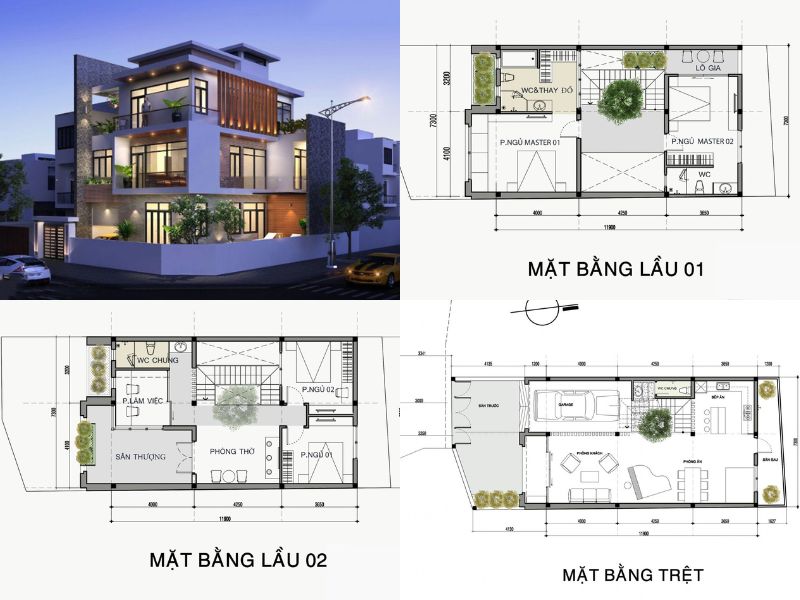 Mặt bằng biệt thự 3 tầng có giếng trời độc đáo