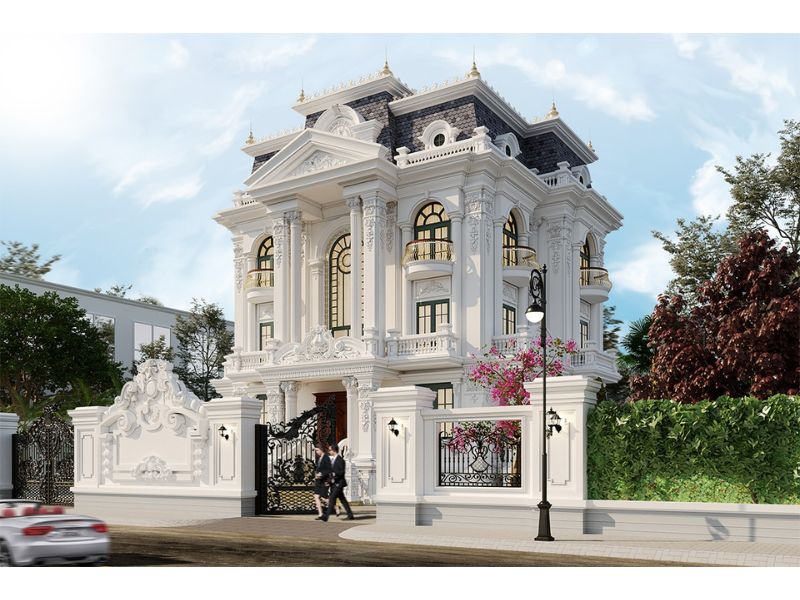 Ngoại thất biệt thự 3 tầng tân cổ điển kiểu Pháp có tum sơn trắng vừa nổi bật lại quý phái