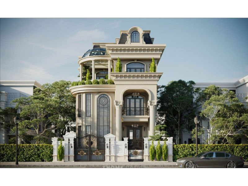 Mẫu biệt thự tân cổ điển kiểu Pháp với chi tiết lan can và cổng sắt mỹ thuật 
