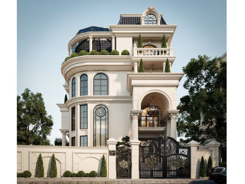Hệ trụ cột lớn tăng sự bề thế, vững chãi cho mặt tiền biệt thự tân cổ điển phong cách Pháp