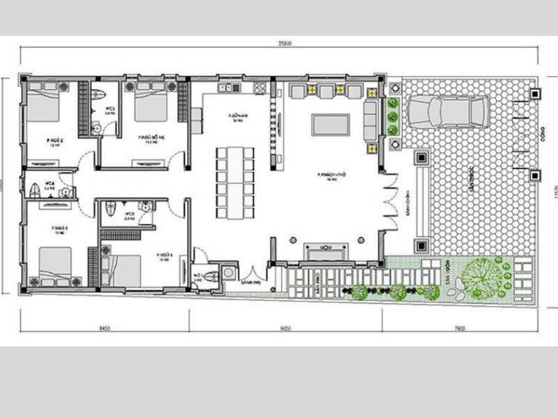 quy hoạch không gian mẫu nhà 1 tầng 4 phòng ngủ 100m2 