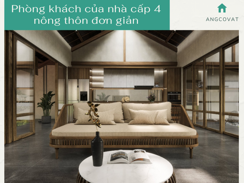 Phòng khách thiết kế đơn giản với nội thất chủ yếu từ gỗ và tre nứa tự nhiên