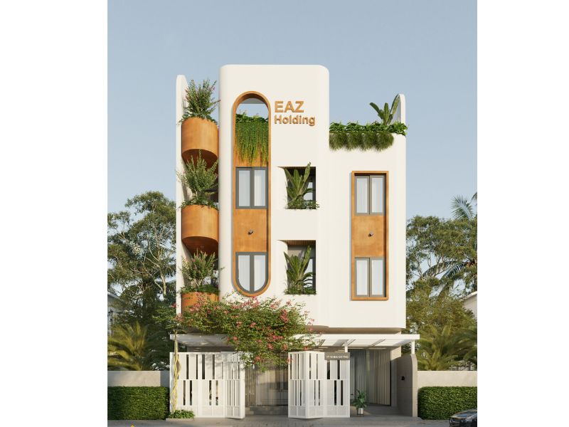 Hình ảnh 3D của mẫu nhà ở kết hợp văn phòng với gam màu tươi sáng 