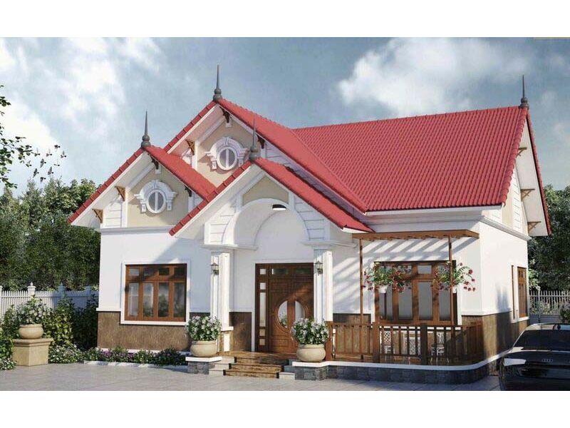 Kiến trúc nhà mái thái màu đỏ có sân vườn rộng