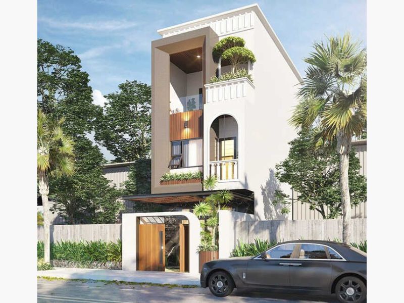 Hình khối linh hoạt tạo nét đẹp độc đáo trong mẫu nhà 1 trệt 2 lầu 4x15