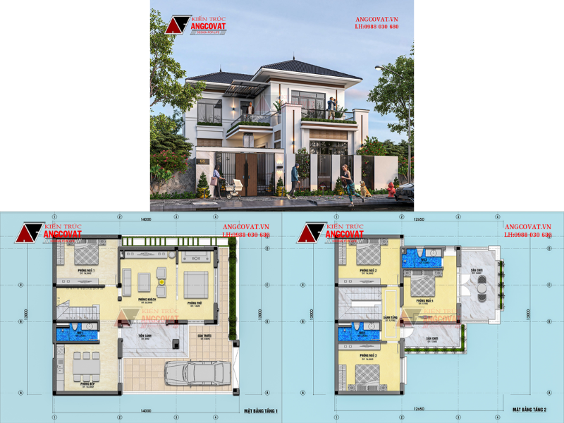 Cách bố trí nhà 1 trệt 1 lầu 4 phòng ngủ 1 phòng thờ có chỗ để xe ô tô 