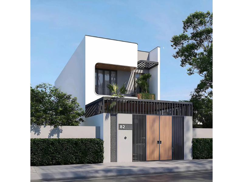 Mẫu nhà 1 trệt 1 lầu mái bằng với hình khối vuông vức, hiện đại 