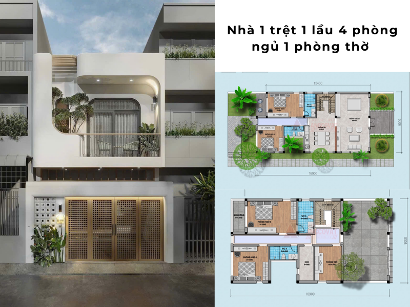 Mặt bằng nhà 1 trệt 1 lầu 4 phòng ngủ phân chia khoa học, tối ưu 
