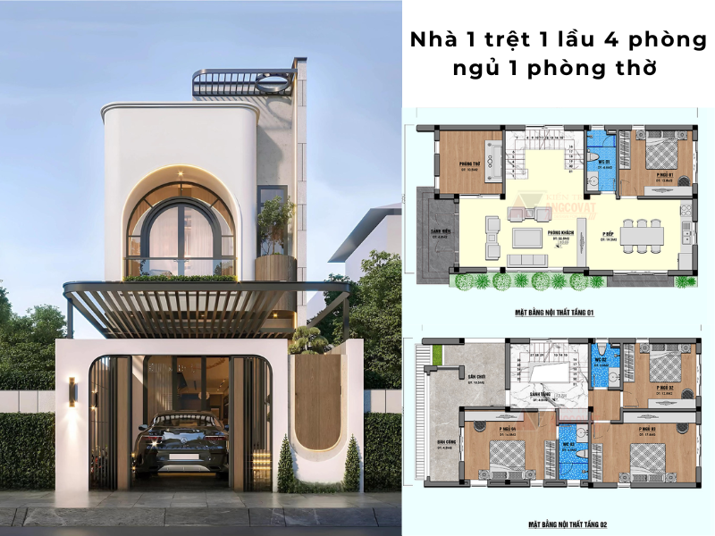 Bản vẽ thiết kế nhà phố 1 trệt 1 lầu 4 phòng ngủ tiện nghi 