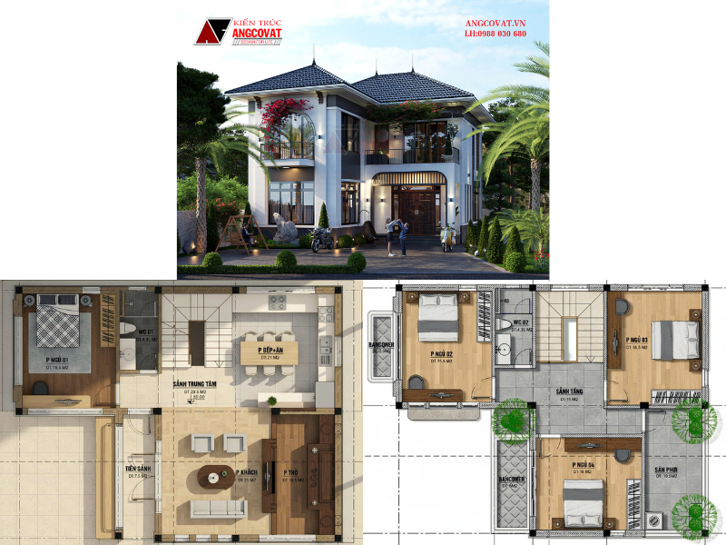 Bản vẽ nhà 1 trệt 1 lầu chữ L mái Nhật sang trọng 