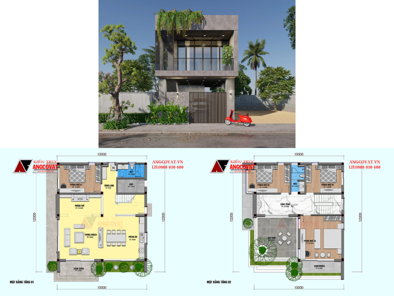 Thiết kế nhà phố 1 trệt 1 lầu 4 phòng ngủ có phòng thờ tầng 2 hiện đại 