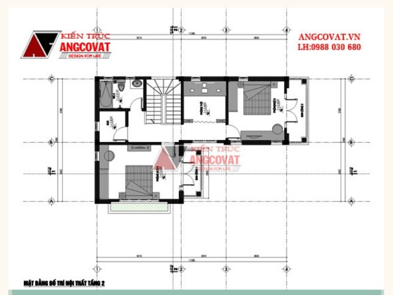 Mặt bằng nội thất tầng 2 mẫu nhà biệt thự mini 2 tầng hiện đại hình chữ L 70m2