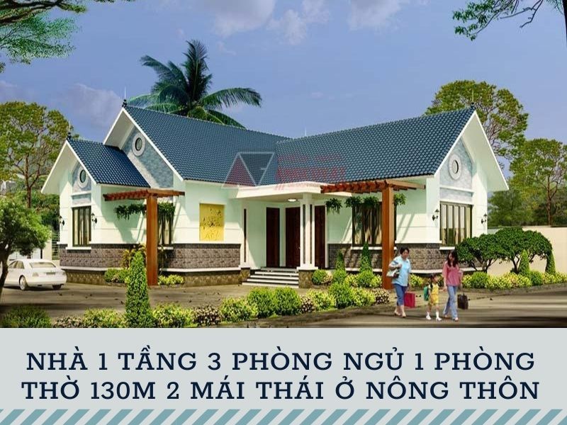 Phối cảnh nhà 1 tầng 3 phòng ngủ 1 phòng thờ 130m 2 mái Thái ở nông thôn