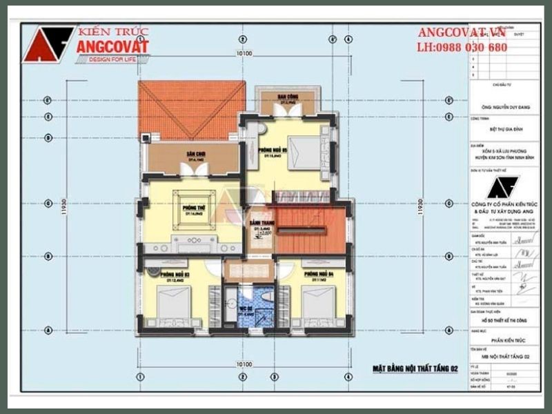Bản vẽ mặt bằng tầng 2 mẫu nhà vuông 2 tầng mái Nhật 100m2 5 phòng ngủ