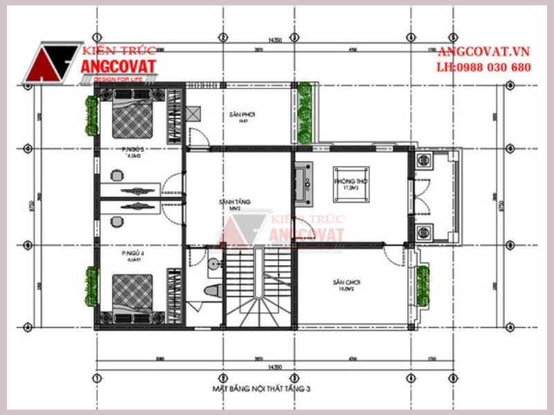 Bản vẽ mặt bằng tầng 3 mẫu nhà mái thái chữ L 3 tầng 120m2 5 phòng ngủ