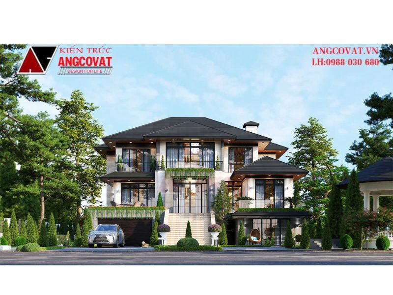 Ngoại thất nhà biệt thự 3 tầng 200m2 có tầng hầm