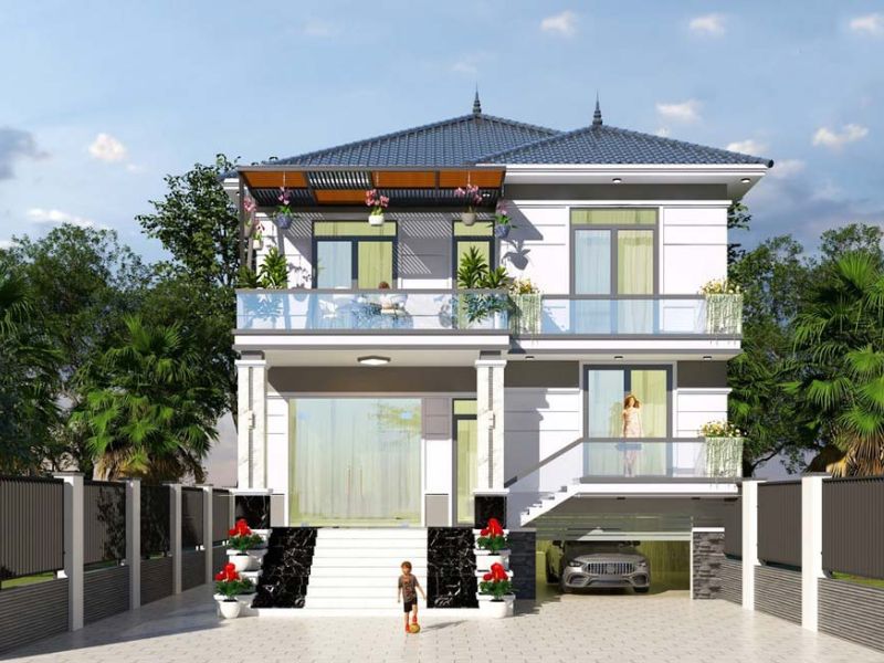 Nhà mái Nhật 2 tầng có tầng hầm cao để được 3 xe ô tô