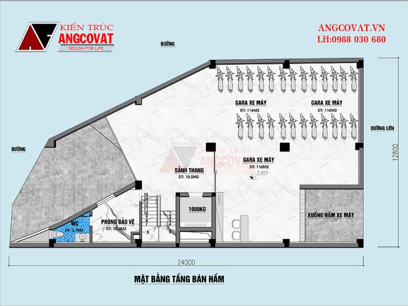 Tầng hầm 2: Ngoại thất nhà 7 tầng có tầng hầm 250m2 sàn