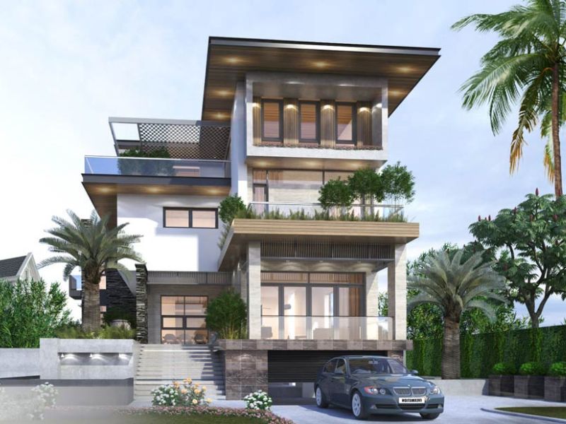 Biệt thự vườn 3 tầng tạo hình độc đáo có tầng hầm để xe