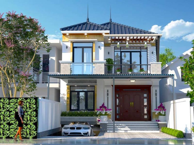 Biệt thự 2 tầng có tầng hầm gọn gàng nằm bên trái