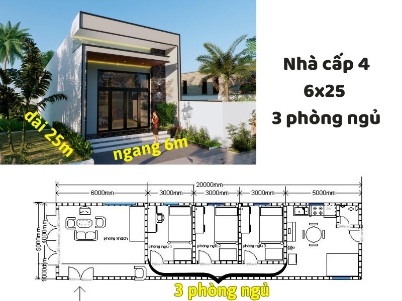 Tìm hiểu về mẫu nhà cấp 4 6x25 3 phòng ngủ  