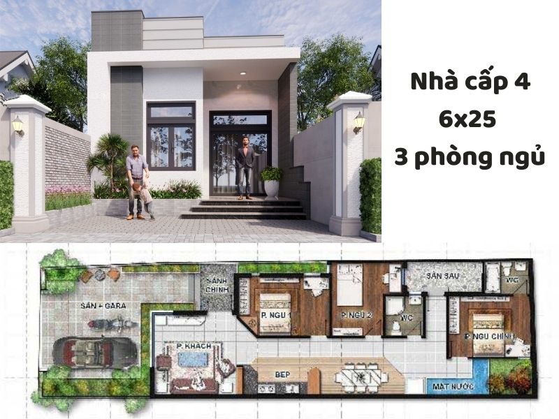 Mặt bằng nhà cấp 4 1 tầng 6x25 3 phòng ngủ tiện nghi 