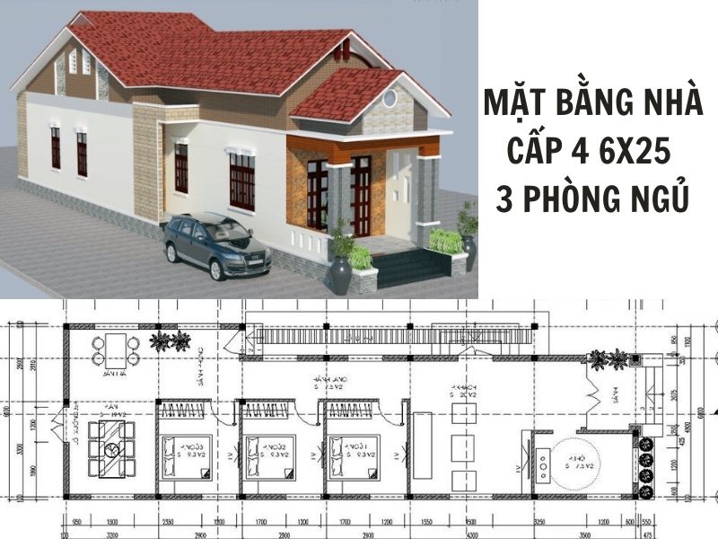 Tư vấn bố trí mặt bằng nhà cấp 4 ngang 6m dài 25m 3 phòng ngủ