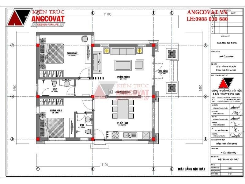 Bản vẽ công năng thự mini 1 tầng mái Thái 90m2 2 phòng ngủ