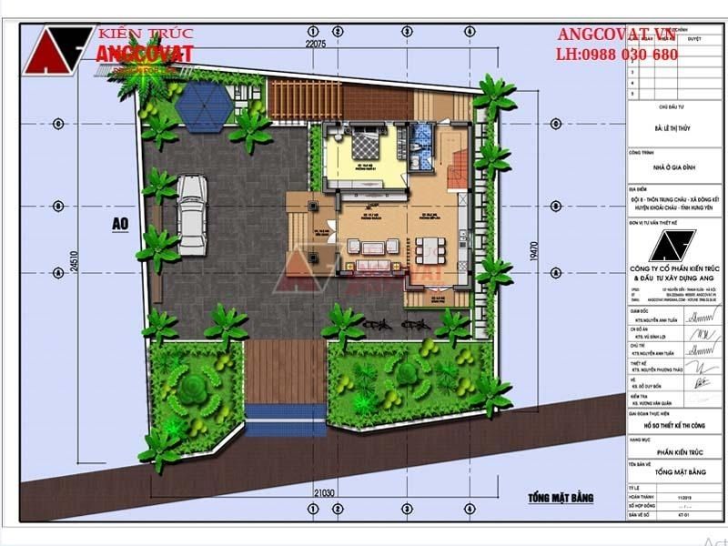 Bản vẽ mặt bằng tổng thể biệt thự mini 2 tầng mái Thái 90m2 4 phòng ngủ