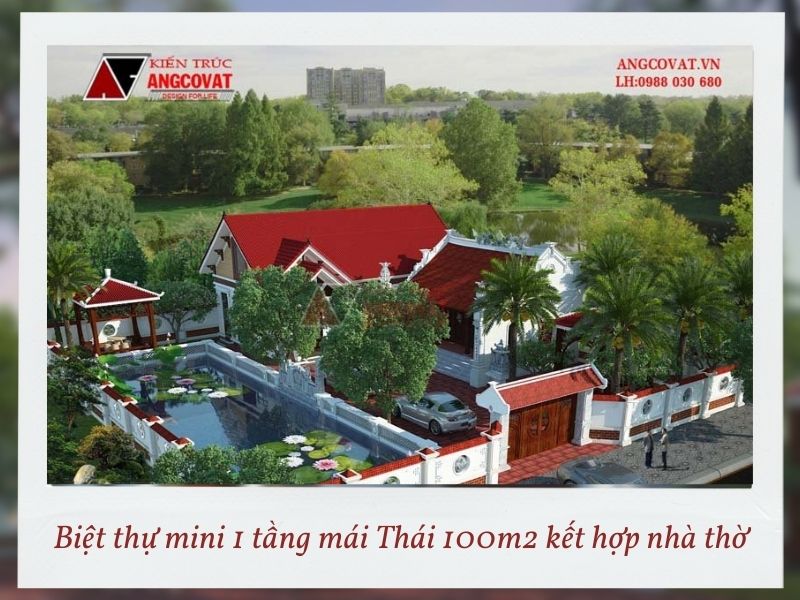 Thế tựa sơn hướng thủy đẹp tuyệt của biệt thự mini 1 tầng mái Thái 100m2 kết hợp nhà thờ