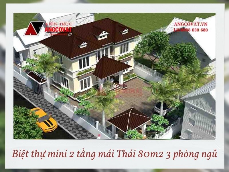 Tổng thể biệt thự mini 2 tầng mái Thái 80m2 3 phòng ngủ
