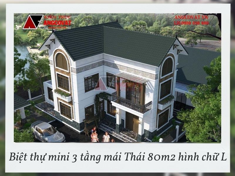 Tổng thể biệt thự mini 3 tầng mái Thái 80m2 hình chữ L