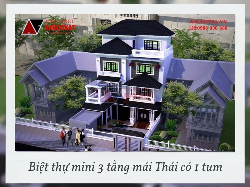 Tổng thể biệt thự mini 3 tầng mái Thái có 1 tum