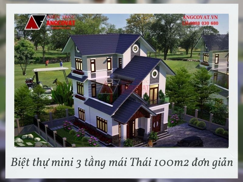 Tổng thể biệt thự mini 3 tầng mái Thái 100m2 đơn giản