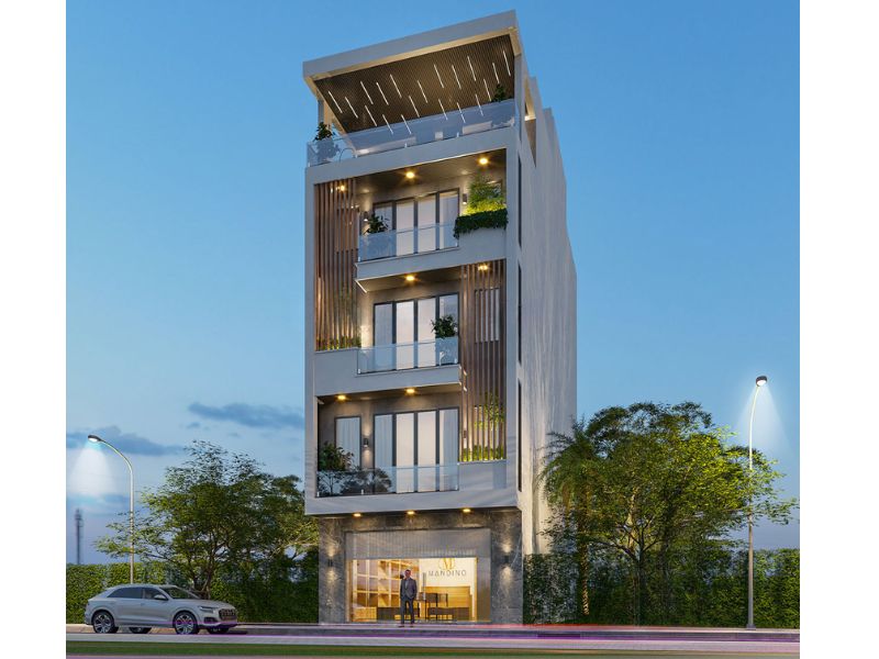 Mặt tiền nhà 4 tầng ngang 10m sử dụng toàn bộ hệ thống cửa kính vừa tăng tính hiện đại, tối ưu ánh sáng lại phù hợp với mô hình kinh doanh