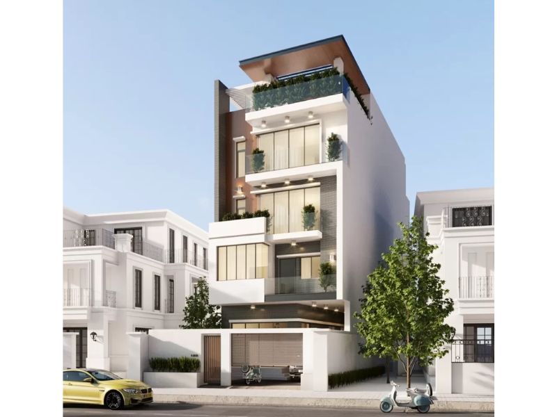 Mẫu nhà 4 tầng có sân thượng thoáng đãng kết hợp gara tầng trệt tăng tính tiện ích