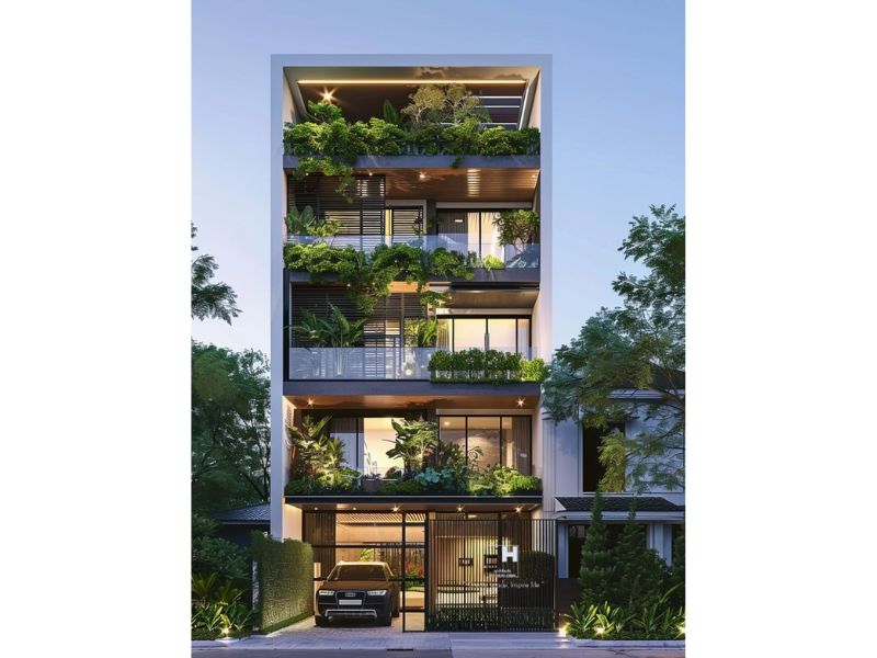 Mẫu nhà 4 tầng mặt tiền 10m kết hợp mảng xanh thiên nhiên vừa tạo điểm nhấn kiến trúc vừa mang đến không gian sống thoáng đãng